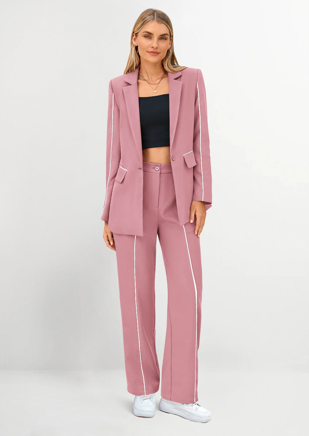 PRETTYGARDEN 2 Piece Blazer Outfits Business Casual Oversized Jacket Wide Leg Work Pants Dressy Suit Set