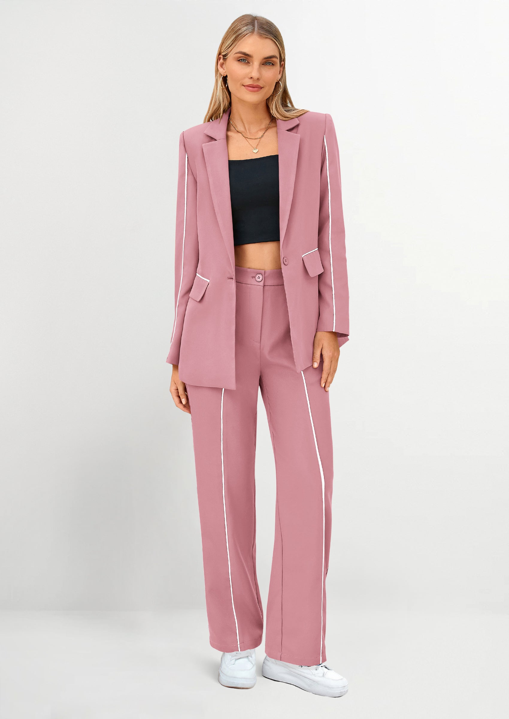 PRETTYGARDEN 2 Piece Blazer Outfits Business Casual Oversized Jacket Wide Leg Work Pants Dressy Suit Set