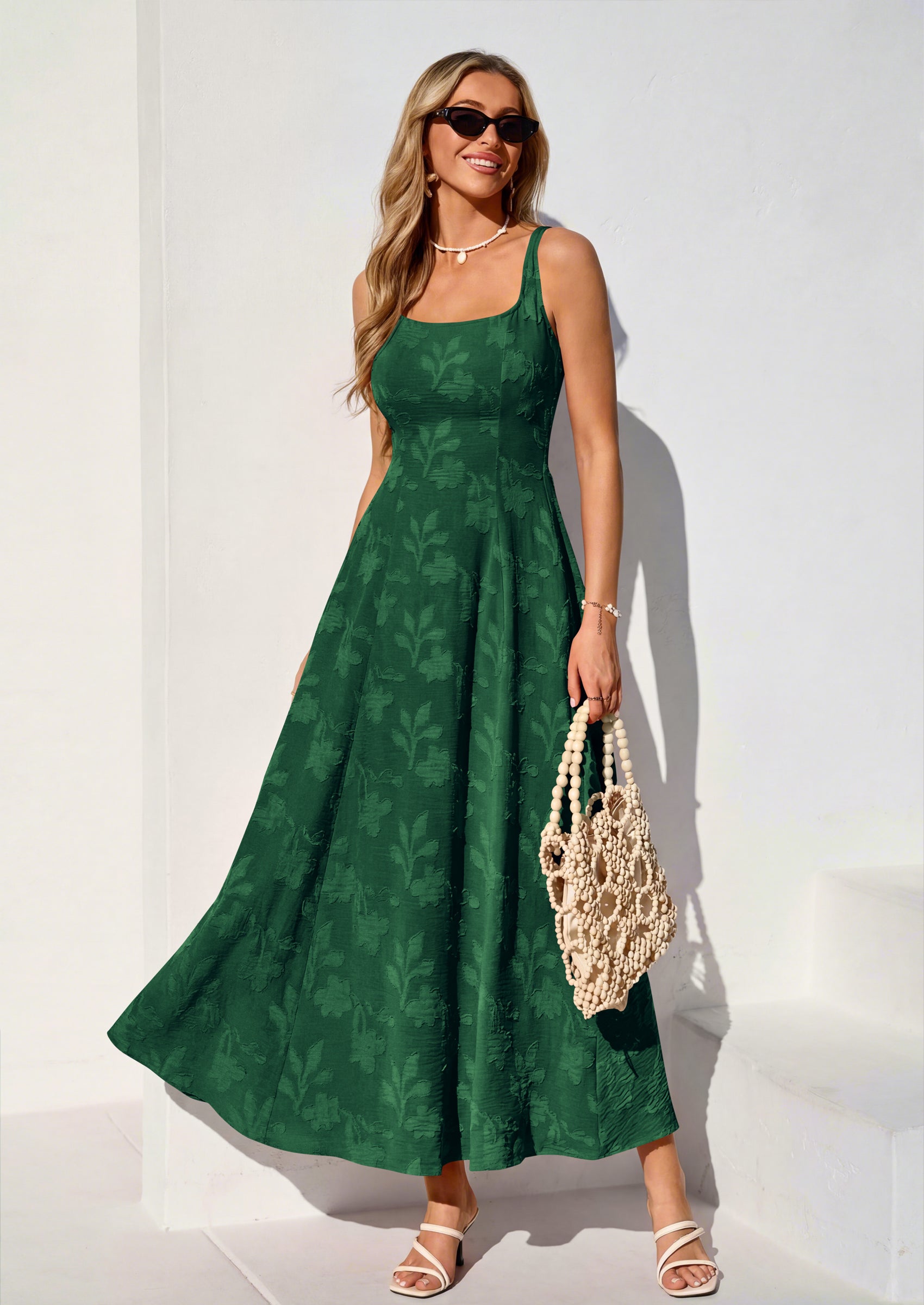 PRETTYGARDEN Womens Summer Maxi Dresses Casual Sleeveless Square Neck Jacquard Flowy Wedding Guest Beach Boho Long Dress