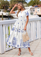 PRETTYGARDEN Boho Dresses for Women Summer Spring Casual Floral Short Sleeve V Neck Maxi Elastic Waist Dress Pockets