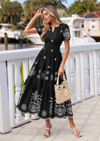 PRETTYGARDEN Boho Dresses for Women Summer Spring Casual Floral Short Sleeve V Neck Maxi Elastic Waist Dress Pockets