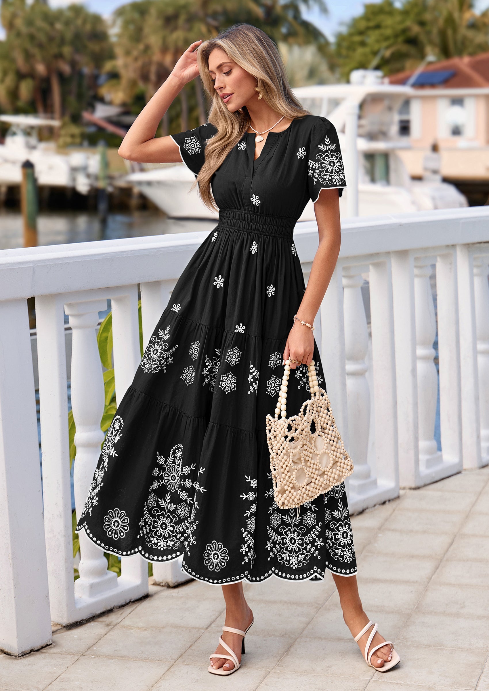 PRETTYGARDEN Boho Dresses for Women Summer Spring Casual Floral Short Sleeve V Neck Maxi Elastic Waist Dress Pockets