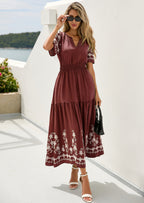PRETTYGARDEN Women's Summer Boho Maxi Dress Spring Floral Short Sleeve V Neck A Line Flowy Beach Wedding Guest Dresses