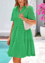 PRETTYGARDEN Women's Short Sleeve Mini Dress Summer V Neck Hollow Out Eyelet Ruffle A Line Swing Short Dresses