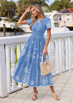 PRETTYGARDEN Boho Dresses for Women Summer Spring Casual Floral Short Sleeve V Neck Maxi Elastic Waist Dress Pockets