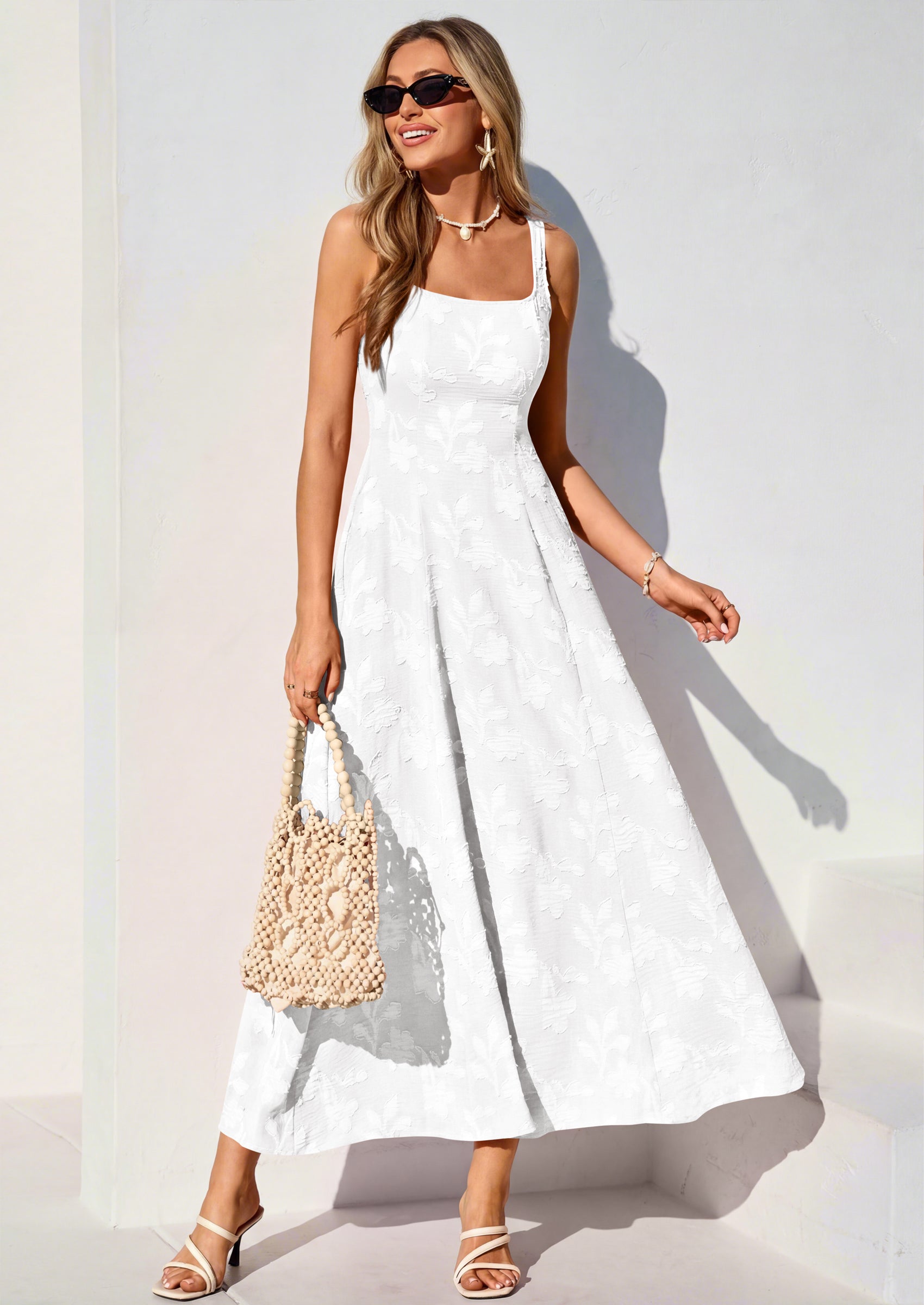 PRETTYGARDEN Womens Summer Maxi Dresses Casual Sleeveless Square Neck Jacquard Flowy Wedding Guest Beach Boho Long Dress