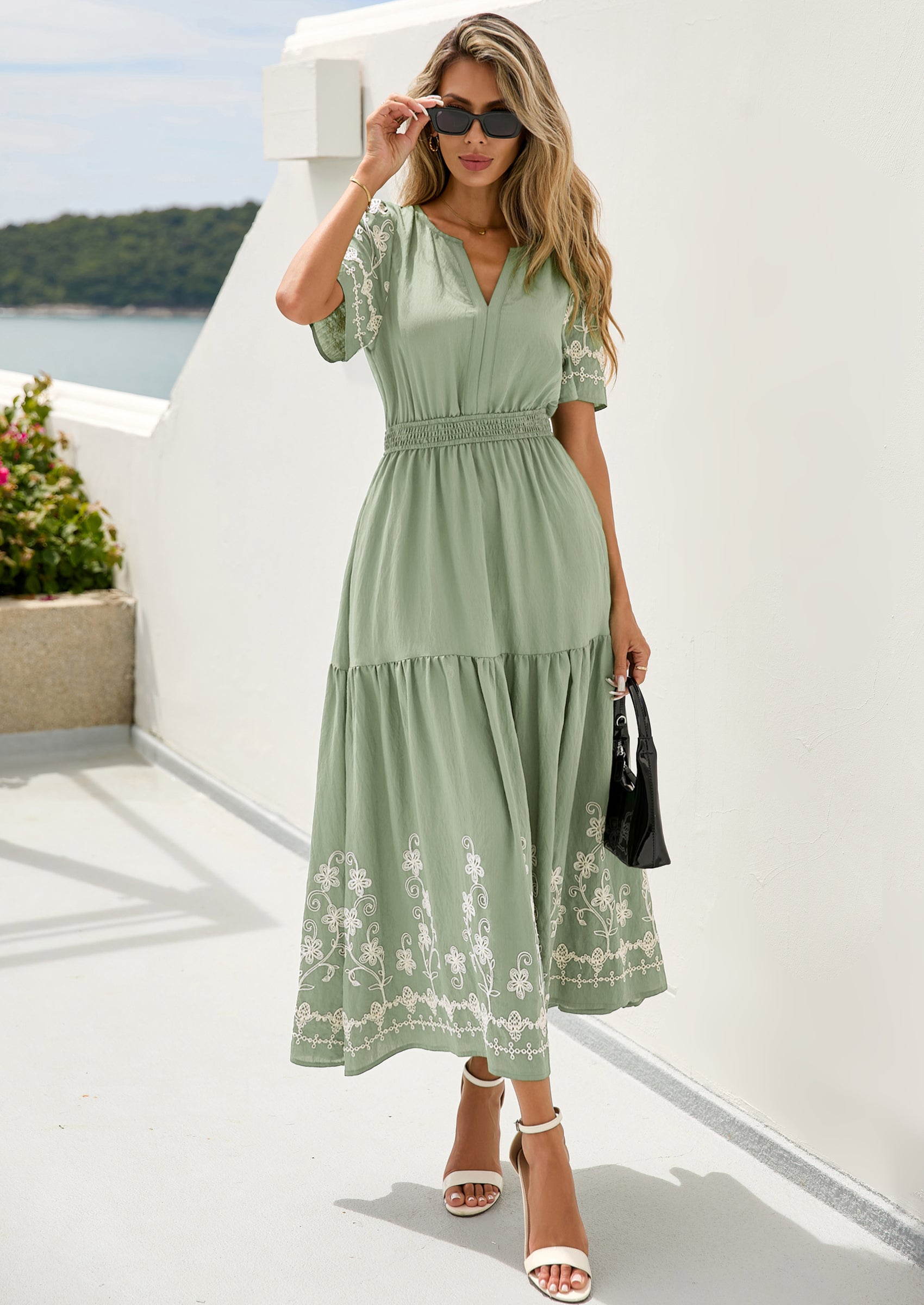 PRETTYGARDEN Women's Summer Boho Maxi Dress Spring Floral Short Sleeve V Neck A Line Flowy Beach Wedding Guest Dresses