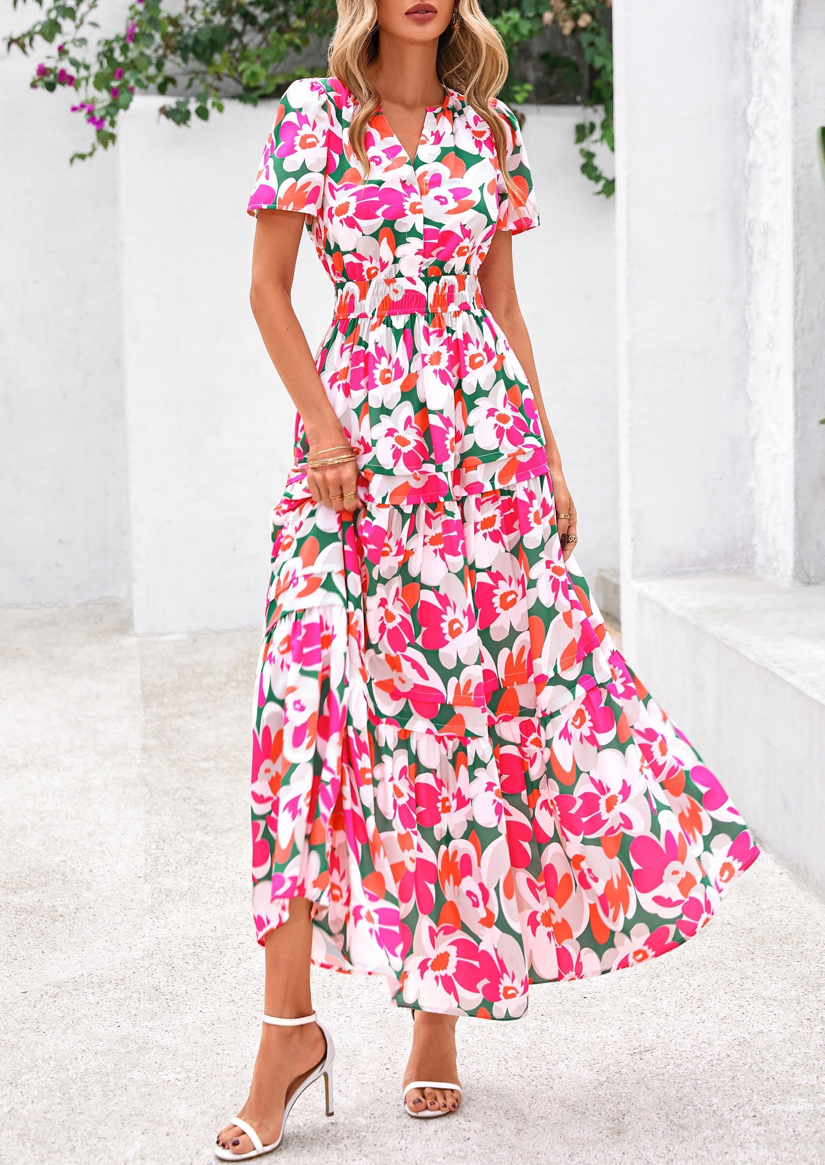 PRETTYGARDEN Women's Boho Maxi Dresses Floral Short Sleeve V Neck A Line Tiered Flowy Long Beach Vacation Dress