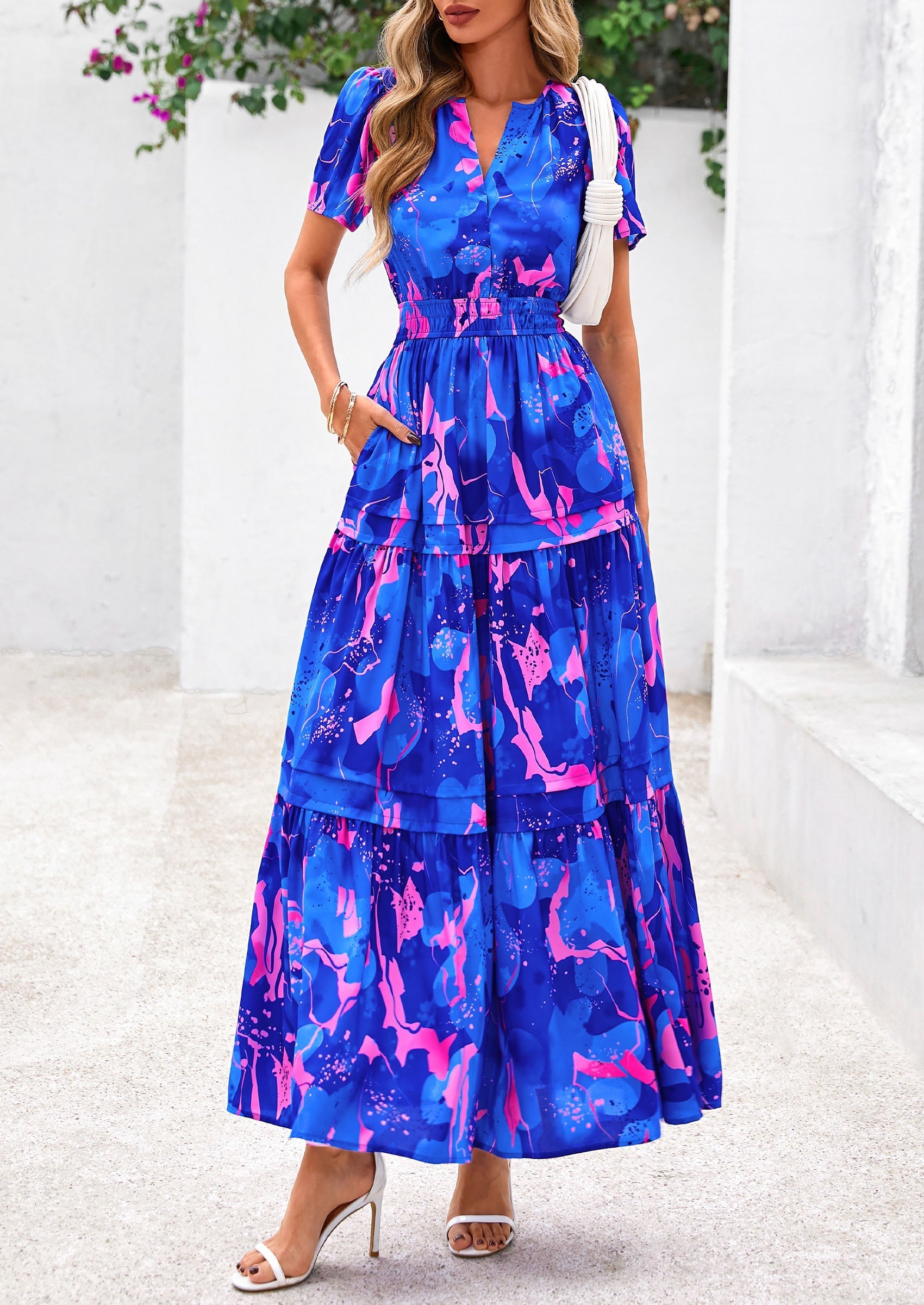 PRETTYGARDEN Women's Boho Maxi Dresses Floral Short Sleeve V Neck A Line Tiered Flowy Long Beach Vacation Dress