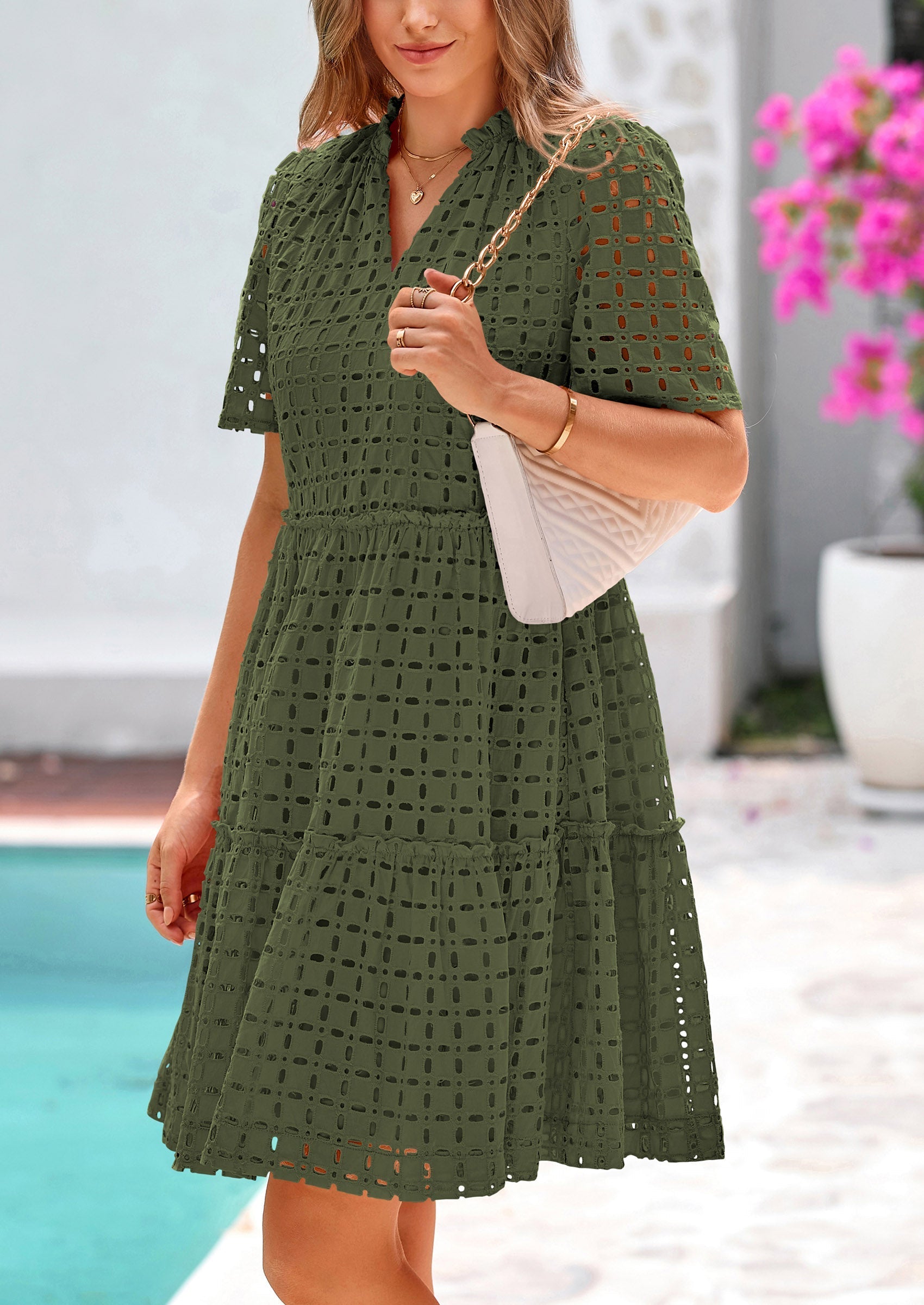 PRETTYGARDEN Women's Short Sleeve Mini Dress Summer V Neck Hollow Out Eyelet Ruffle A Line Swing Short Dresses