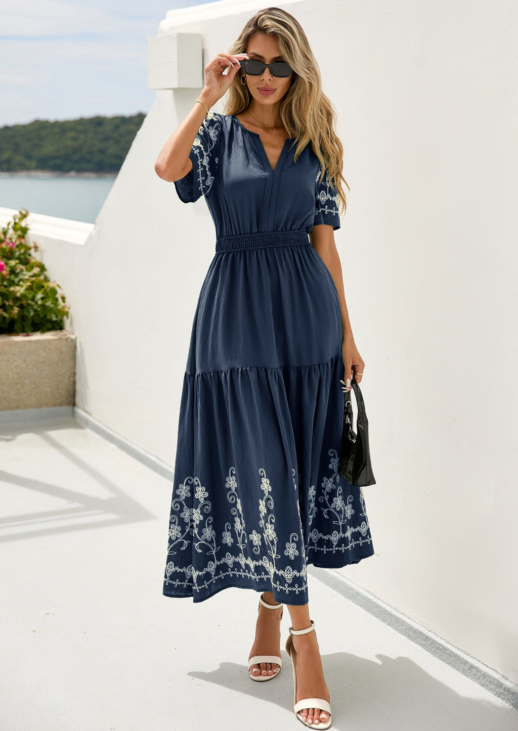 PRETTYGARDEN Women's Summer Boho Maxi Dress Spring Floral Short Sleeve V Neck A Line Flowy Beach Wedding Guest Dresses