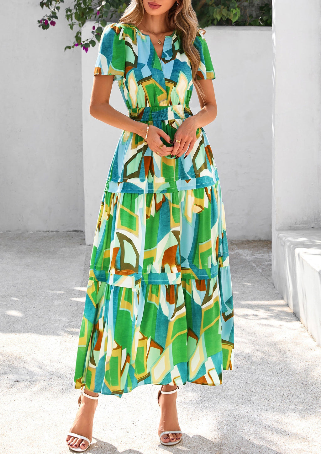 PRETTYGARDEN Women's Boho Maxi Dresses Floral Short Sleeve V Neck A Line Tiered Flowy Long Beach Vacation Dress