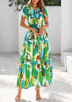 PRETTYGARDEN Women's Boho Maxi Dresses Floral Short Sleeve V Neck A Line Tiered Flowy Long Beach Vacation Dress