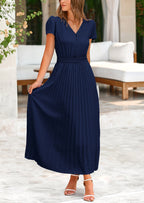 PRETTYGARDEN Women's Maxi Dresses Summer Trendy Cap Short Sleeve Button V Neck Casual Flowy Pleated Long Dress