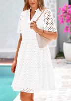 PRETTYGARDEN Women's Short Sleeve Mini Dress Summer V Neck Hollow Out Eyelet Ruffle A Line Swing Short Dresses