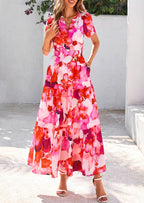 PRETTYGARDEN Women's Boho Maxi Dresses Floral Short Sleeve V Neck A Line Tiered Flowy Long Beach Vacation Dress