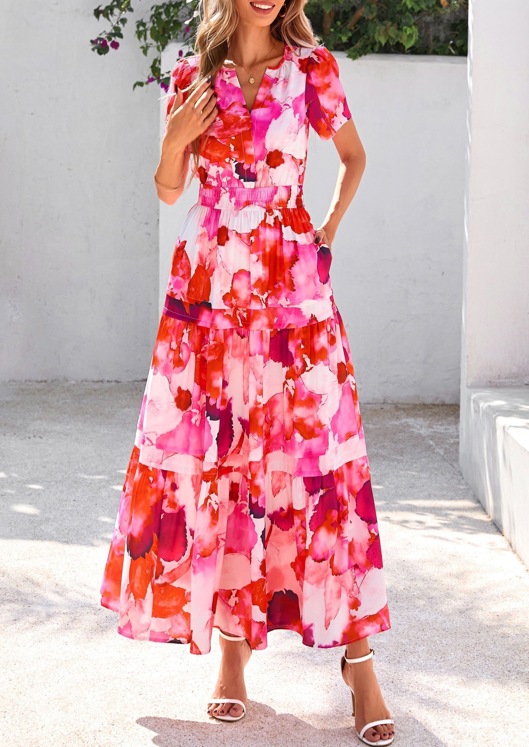 PRETTYGARDEN Women's Boho Maxi Dresses Floral Short Sleeve V Neck A Line Tiered Flowy Long Beach Vacation Dress