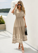 PRETTYGARDEN Women's Summer Boho Maxi Dress Spring Floral Short Sleeve V Neck A Line Flowy Beach Wedding Guest Dresses