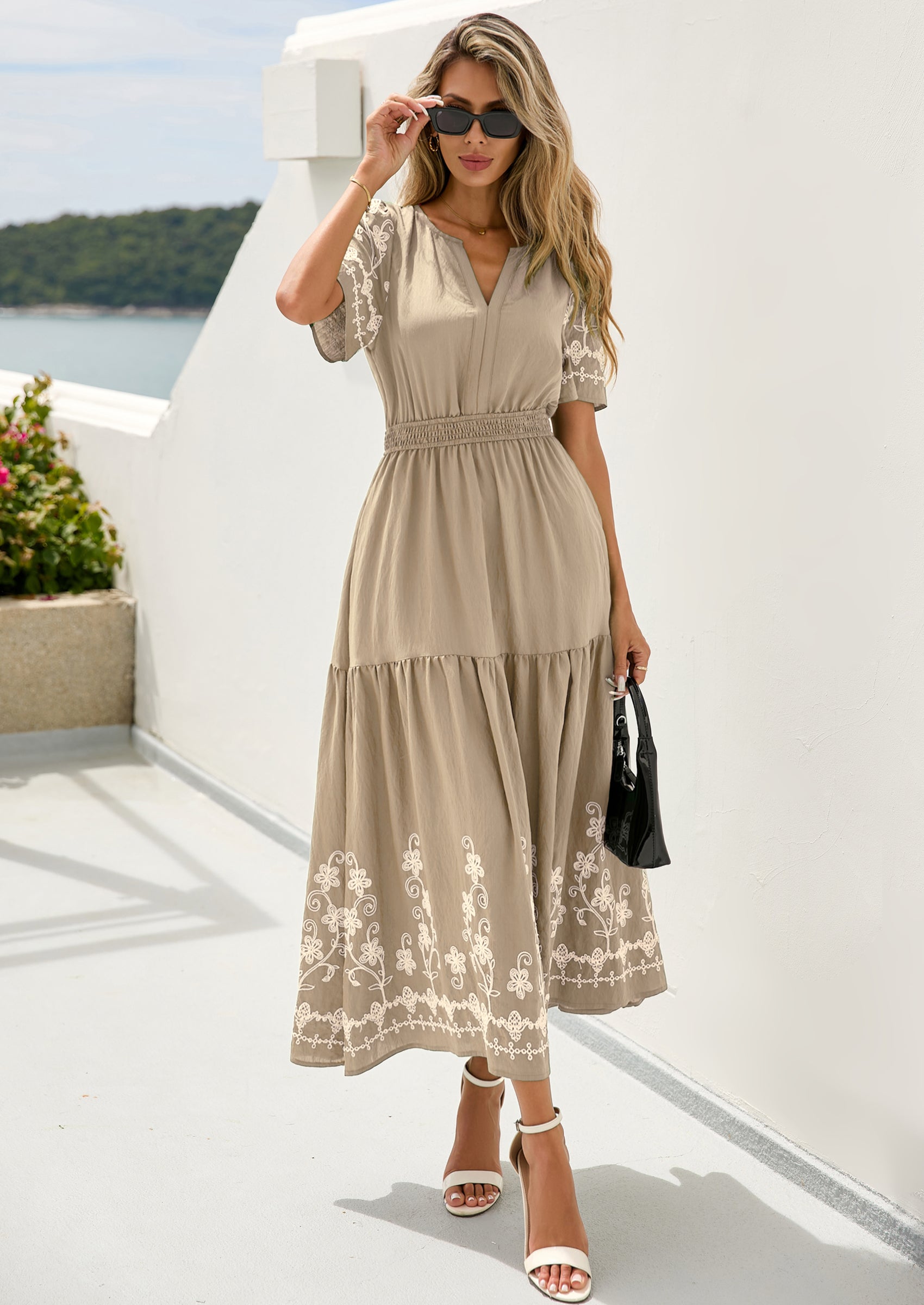 PRETTYGARDEN Women's Summer Boho Maxi Dress Spring Floral Short Sleeve V Neck A Line Flowy Beach Wedding Guest Dresses