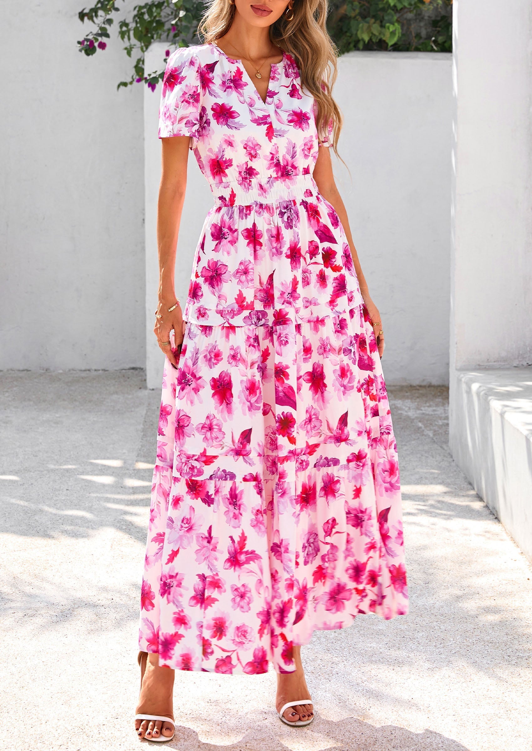 PRETTYGARDEN Women's Boho Maxi Dresses Floral Short Sleeve V Neck A Line Tiered Flowy Long Beach Vacation Dress