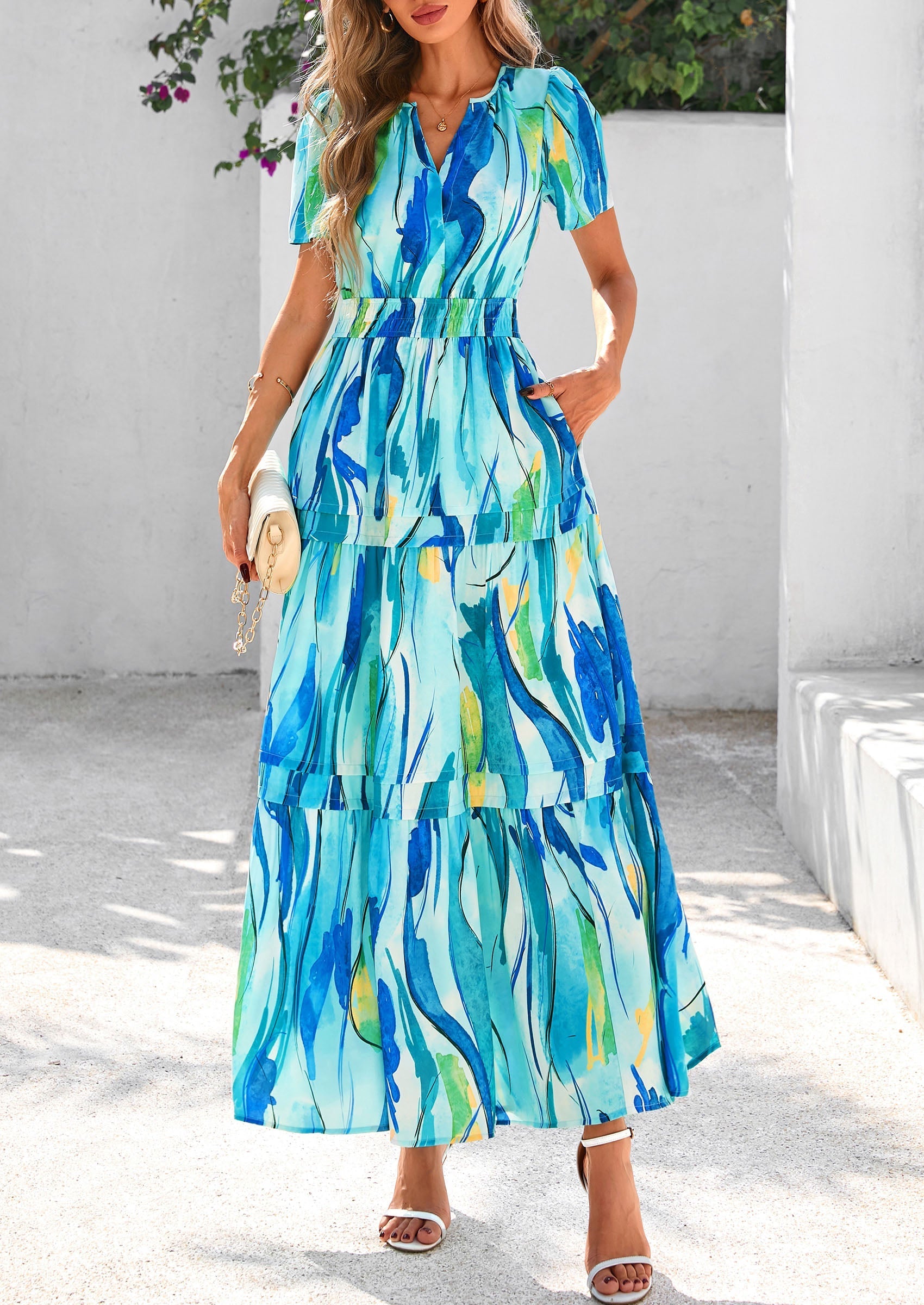 PRETTYGARDEN Women's Boho Maxi Dresses Floral Short Sleeve V Neck A Line Tiered Flowy Long Beach Vacation Dress