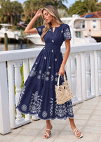 PRETTYGARDEN Boho Dresses for Women Summer Spring Casual Floral Short Sleeve V Neck Maxi Elastic Waist Dress Pockets