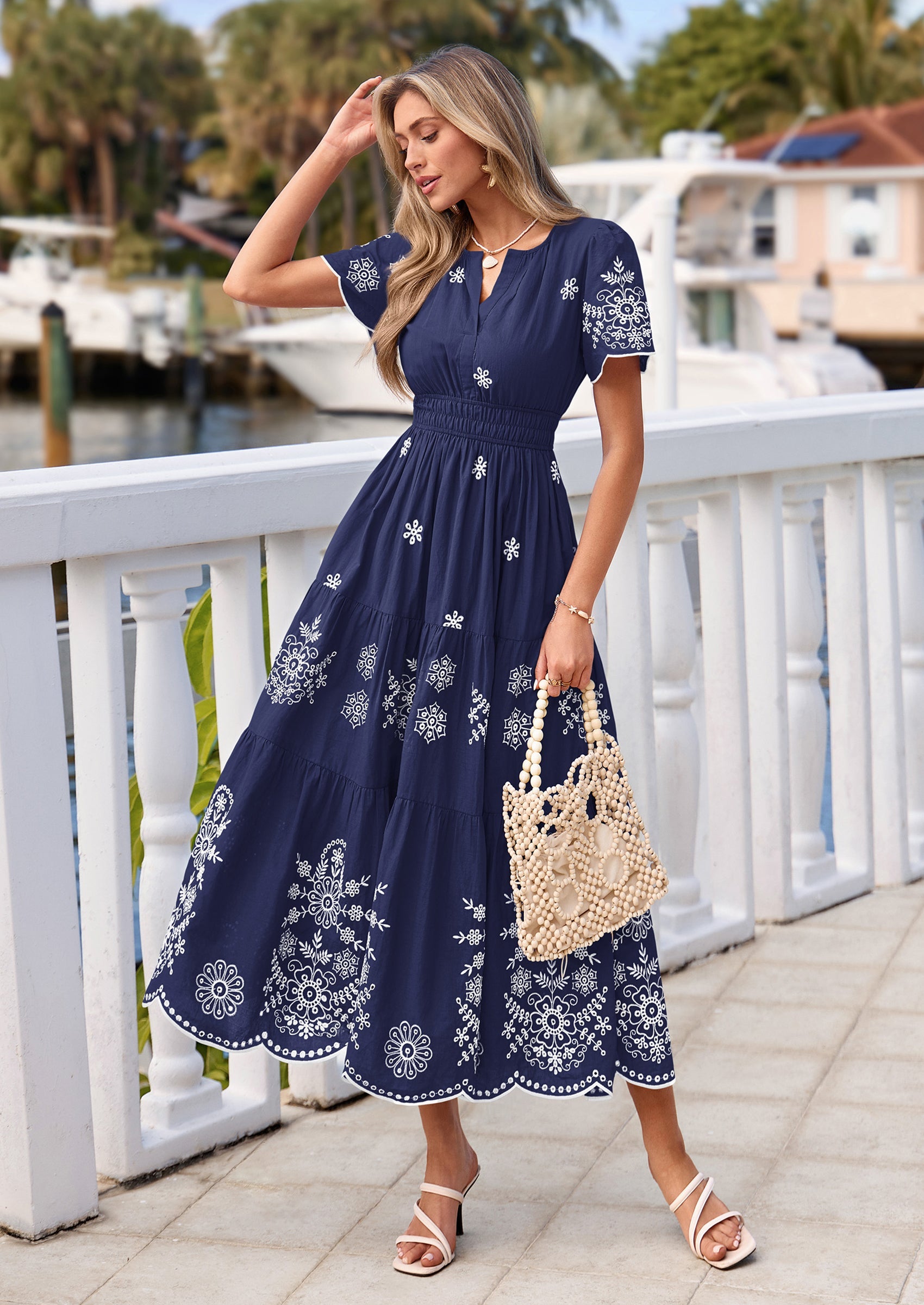 PRETTYGARDEN Boho Dresses for Women Summer Spring Casual Floral Short Sleeve V Neck Maxi Elastic Waist Dress Pockets