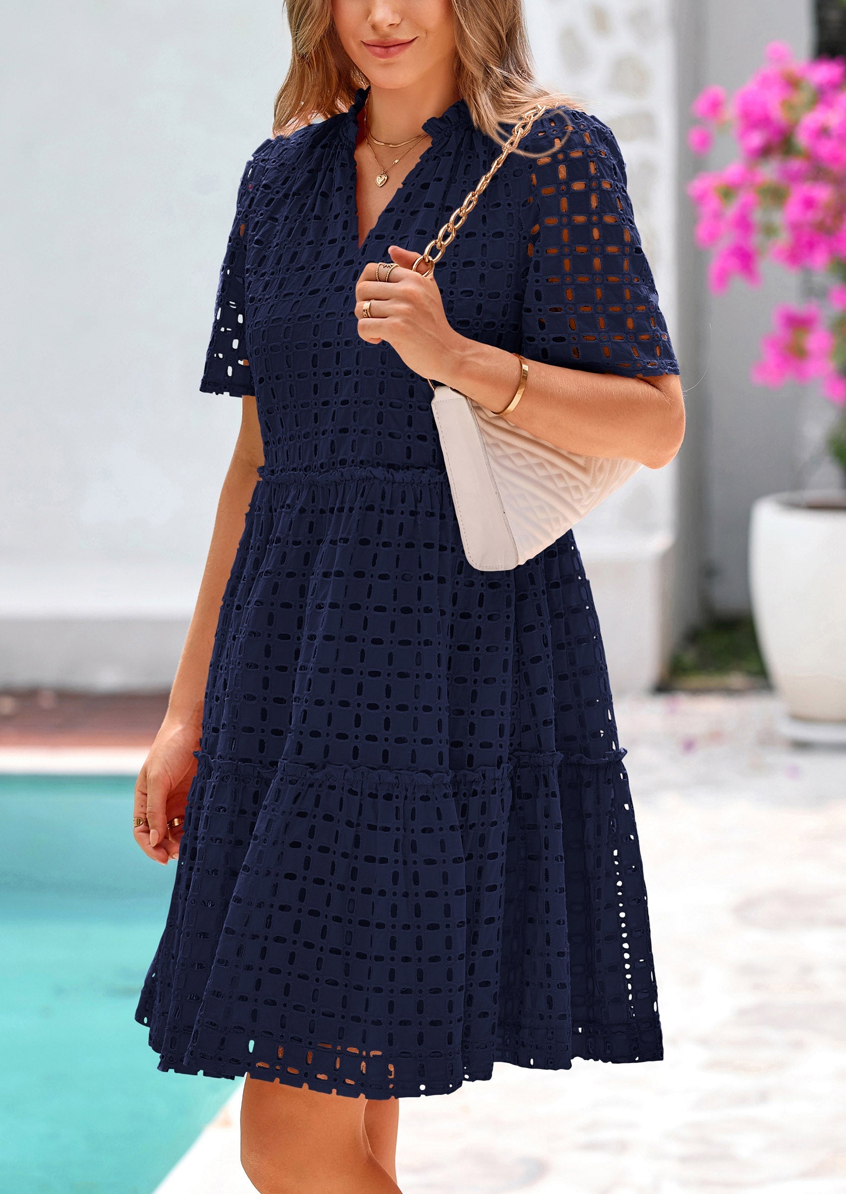 PRETTYGARDEN Women's Short Sleeve Mini Dress Summer V Neck Hollow Out Eyelet Ruffle A Line Swing Short Dresses