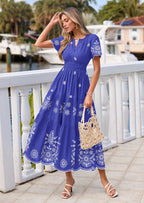 PRETTYGARDEN Boho Dresses for Women Summer Spring Casual Floral Short Sleeve V Neck Maxi Elastic Waist Dress Pockets