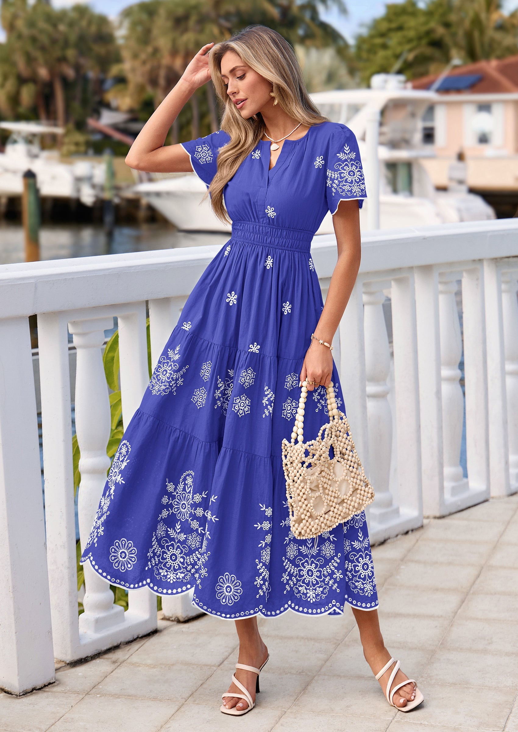 PRETTYGARDEN Boho Dresses for Women Summer Spring Casual Floral Short Sleeve V Neck Maxi Elastic Waist Dress Pockets