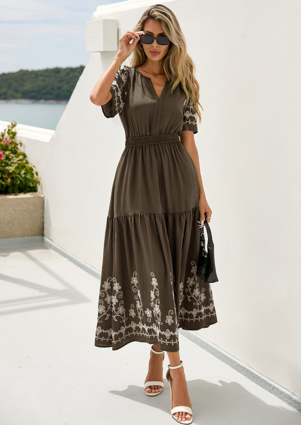 PRETTYGARDEN Women's Summer Boho Maxi Dress Spring Floral Short Sleeve V Neck A Line Flowy Beach Wedding Guest Dresses