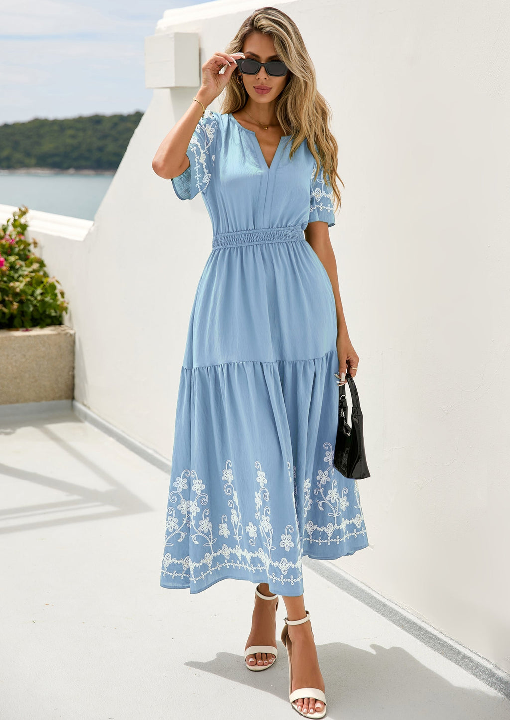PRETTYGARDEN Women's Summer Boho Maxi Dress Spring Floral Short Sleeve V Neck A Line Flowy Beach Wedding Guest Dresses