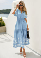 PRETTYGARDEN Women's Summer Boho Maxi Dress Spring Floral Short Sleeve V Neck A Line Flowy Beach Wedding Guest Dresses