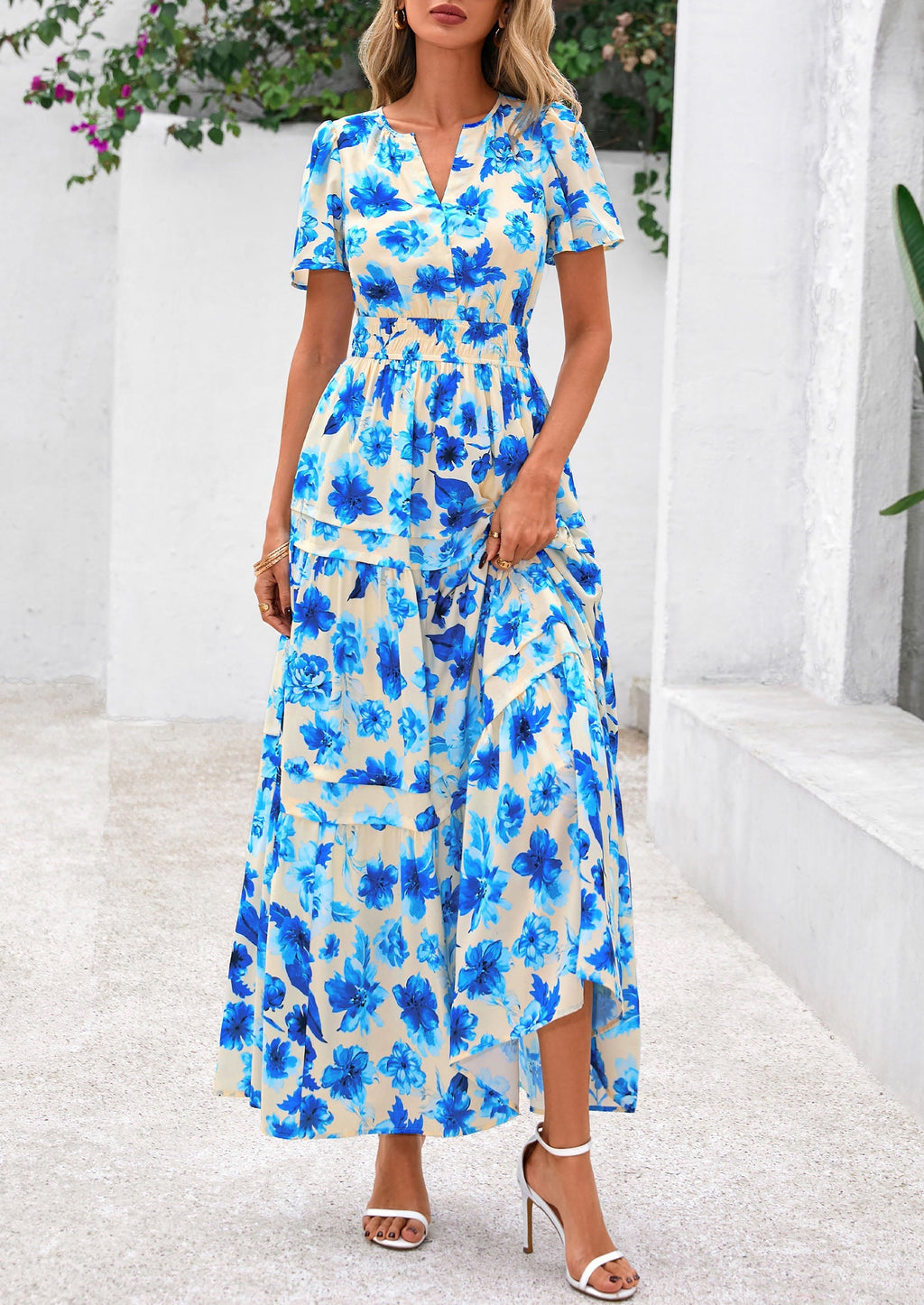 PRETTYGARDEN Women's Boho Maxi Dresses Floral Short Sleeve V Neck A Line Tiered Flowy Long Beach Vacation Dress