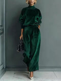 Women High Neck Solid Color Casual Suit