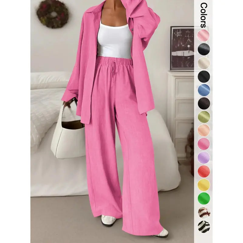Women's Casual Sporty Shirt and Long Pants Set, Loose Button-Up Top and Wide-Leg Pants Two-Piece Set, Comfortable and Stylish