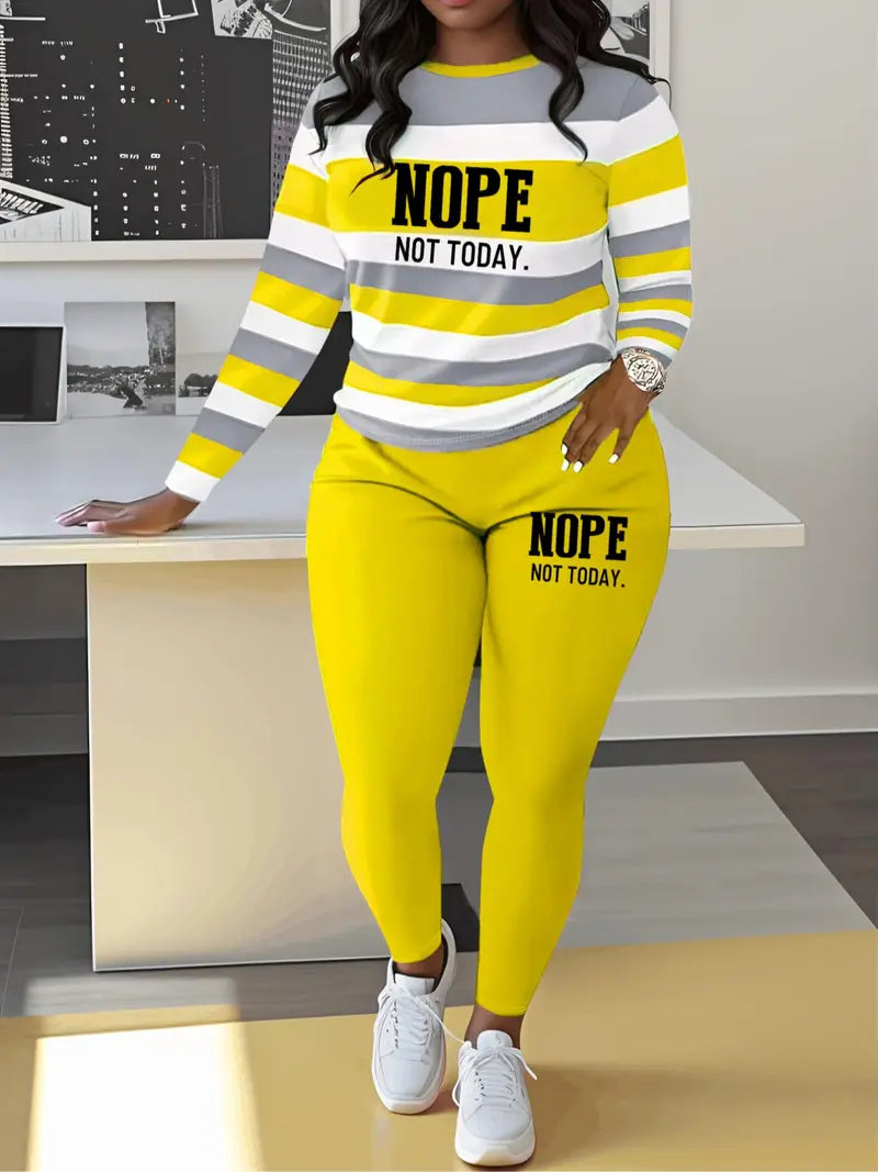 Two-piece Set Women's Striped and Letter Print Tee & Elastic Waist Pants
