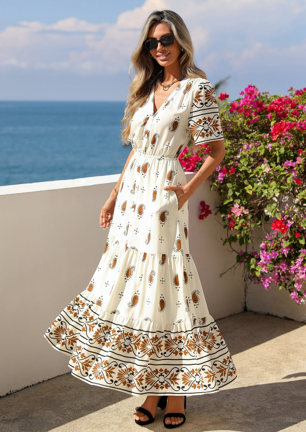 PRETTYGARDEN Womens Summer Boho Maxi Dress Trendy Short Sleeve V Neck Flowy Beach Floral Dresses with Pockets