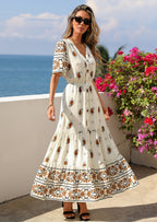 PRETTYGARDEN Womens Summer Boho Maxi Dress Trendy Short Sleeve V Neck Flowy Beach Floral Dresses with Pockets