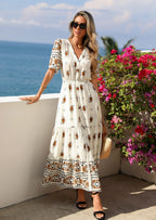 PRETTYGARDEN Womens Summer Boho Maxi Dress Trendy Short Sleeve V Neck Flowy Beach Floral Dresses with Pockets