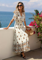 PRETTYGARDEN Womens Summer Boho Maxi Dress Trendy Short Sleeve V Neck Flowy Beach Floral Dresses with Pockets