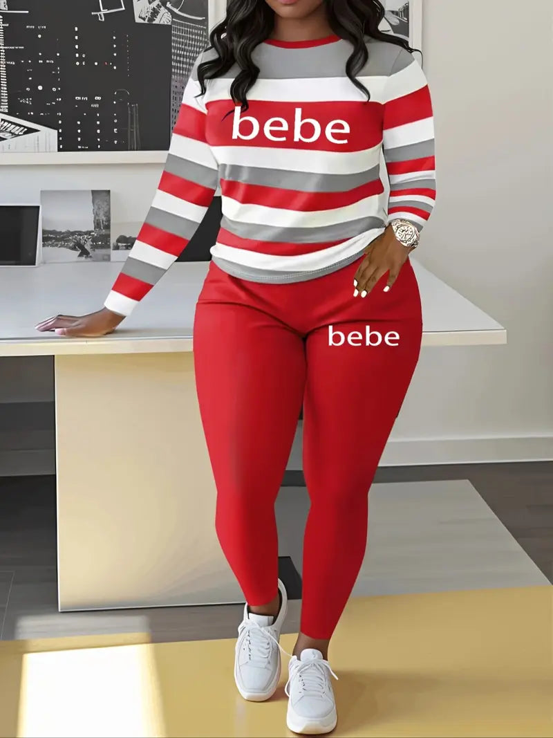 Women's Striped 'Bebe' Letter Print Round Neck Long Sleeve Top and Pants Set