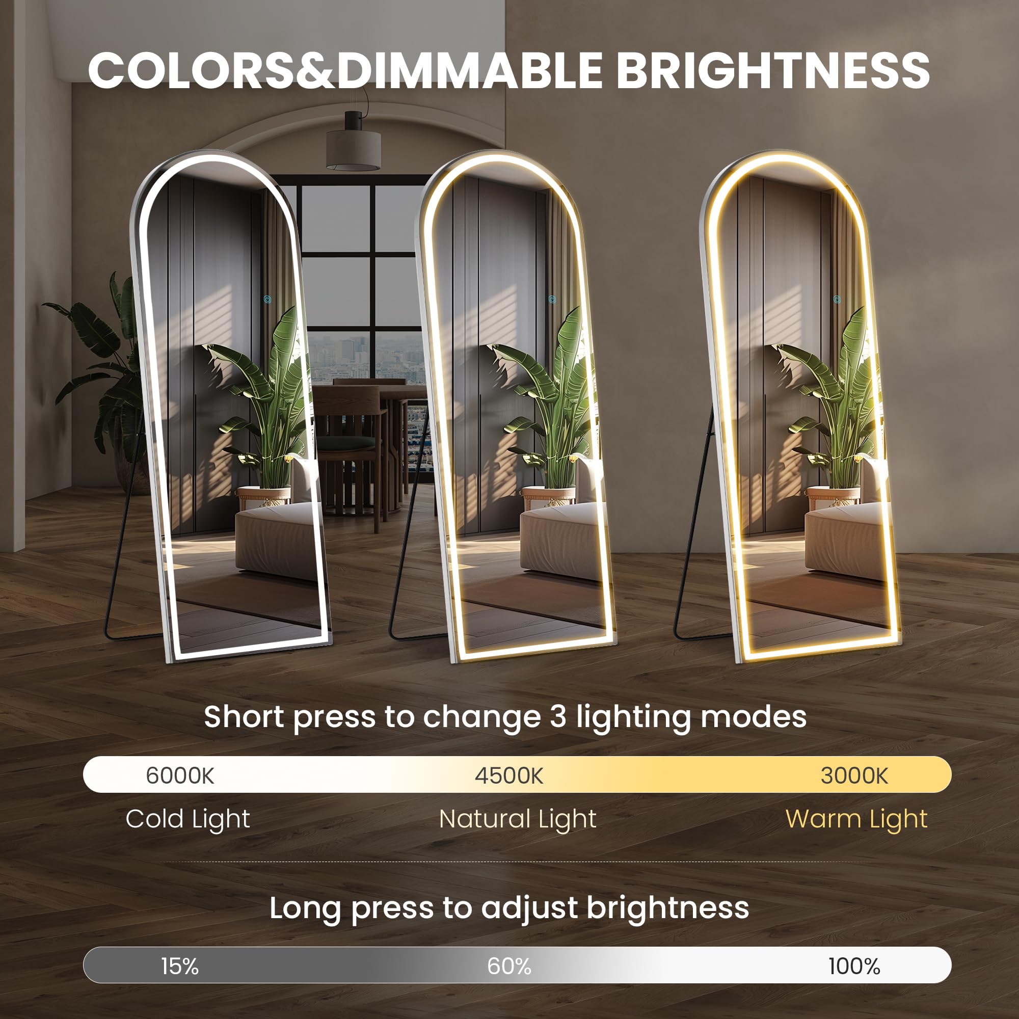 Sweetcrispy Arched Full Length Mirror with LED Lights, 71.3" x26.5 Lighted Floor Mirror with Dimming & 3 Color Lighting, Stand for Bedroom, Dressing Room