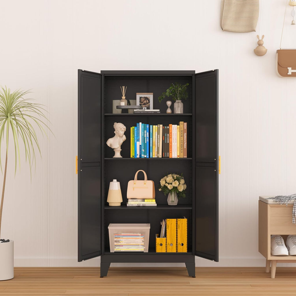 Metal Storage Cabinet With 2 Doors and 3 Adjustable Shelves, Black Kitchen Pantry for Food, Utility Cabinet for Laundry Room, Cupboard