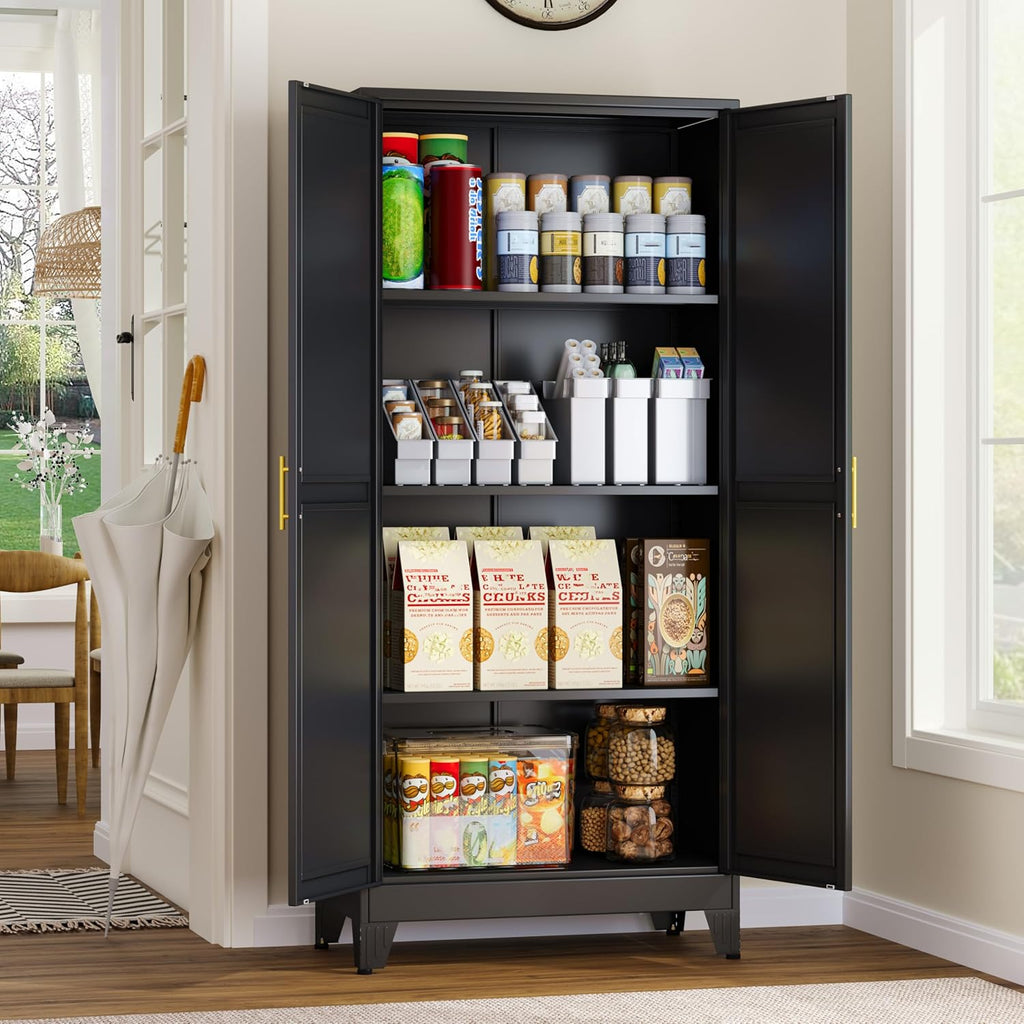 Metal Storage Cabinet With 2 Doors and 3 Adjustable Shelves, Black Kitchen Pantry for Food, Utility Cabinet for Laundry Room, Cupboard