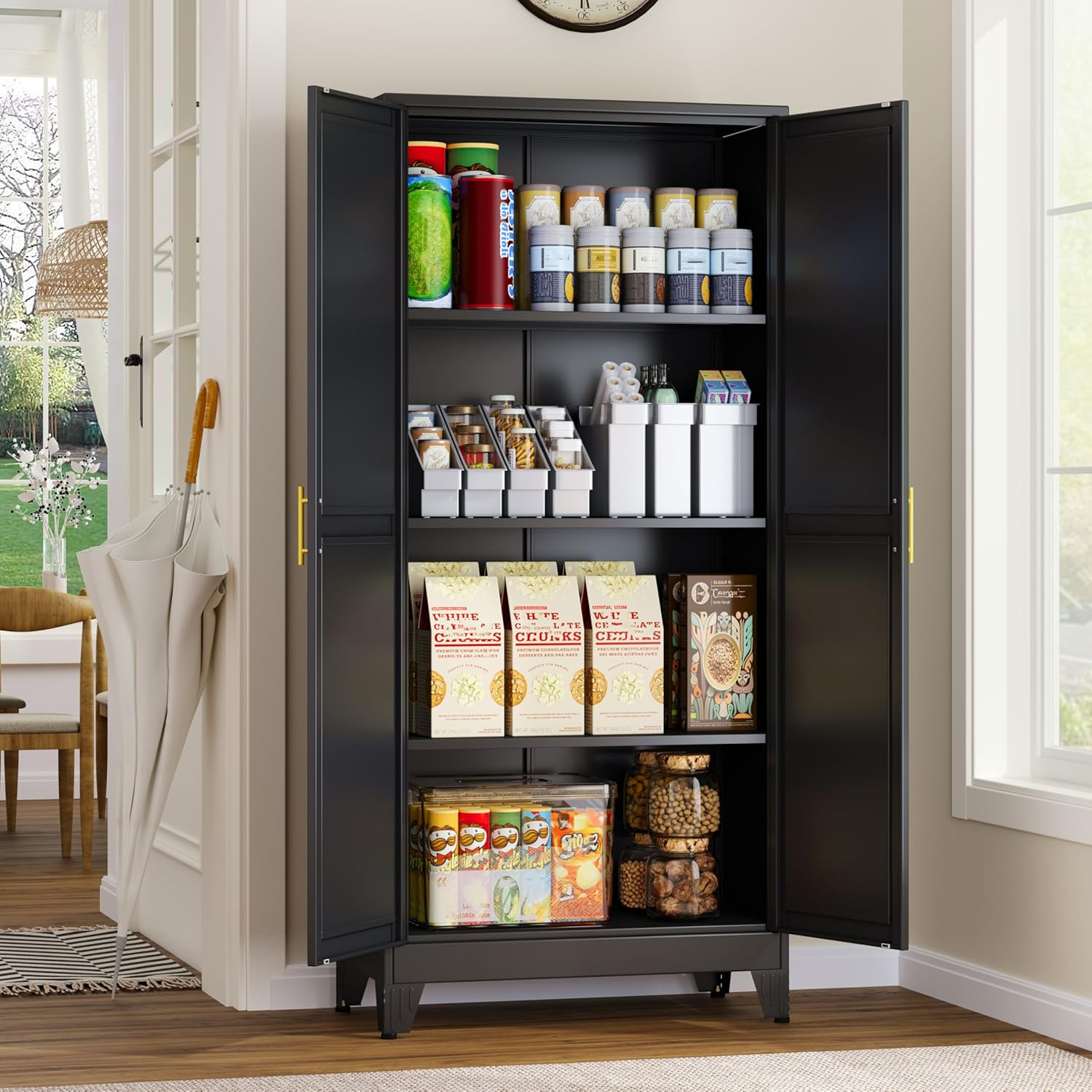 Metal Storage Cabinet With 2 Doors and 3 Adjustable Shelves, Black Kitchen Pantry for Food, Utility Cabinet for Laundry Room, Cupboard