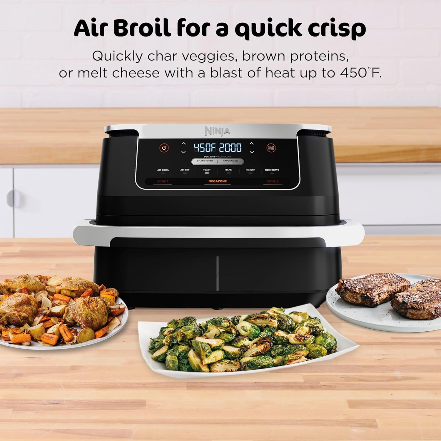 Ninja Foodi Air Fryer | 6-in-1 with 7-QT MegaZone & Basket Divider for Large Proteins & Full Meals | Cook 2 Foods at Once | 450° F | Air Fry, Roast, Broil, Dehydrate, Keep Warm & Bake | Black | DZ071
