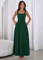 PRETTYGARDEN Womens Summer Dresses Sleeveless Elegant Square Neck Aline Swing Maxi Beach Wedding Guest Dress Pockets
