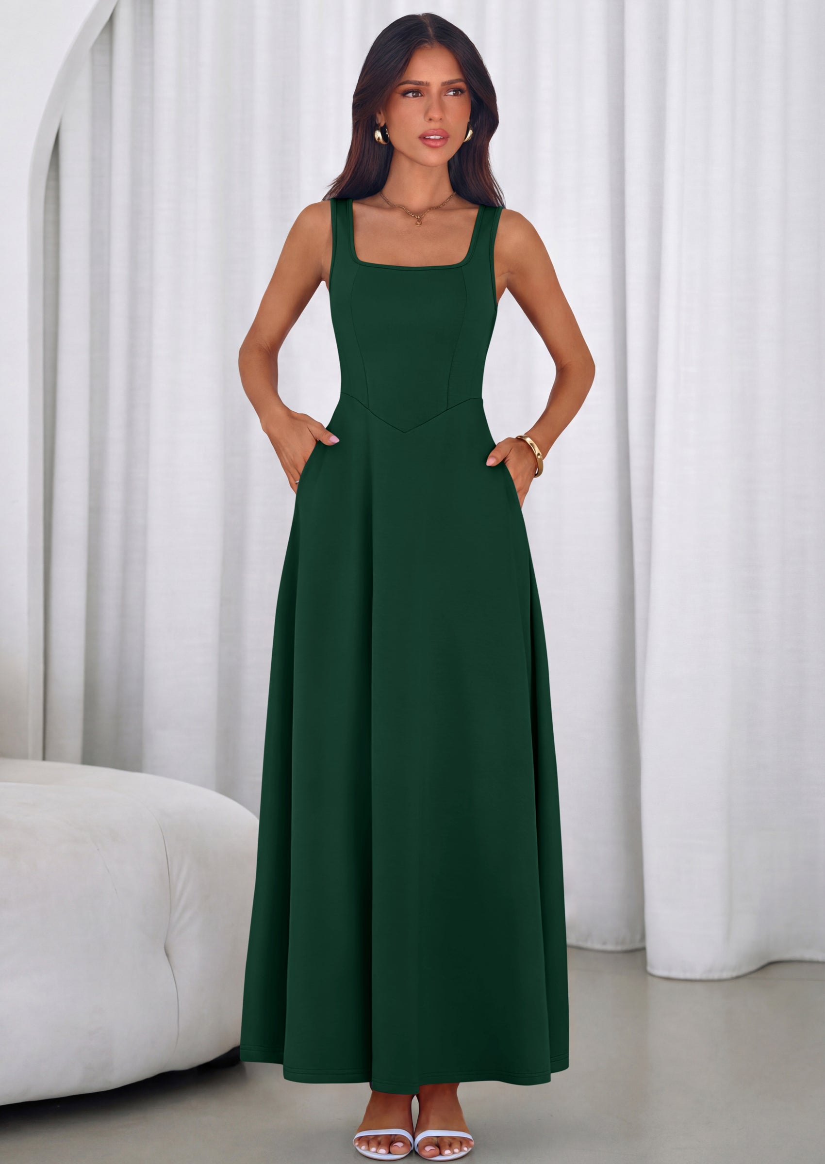 PRETTYGARDEN Womens Summer Dresses Sleeveless Elegant Square Neck Aline Swing Maxi Beach Wedding Guest Dress Pockets