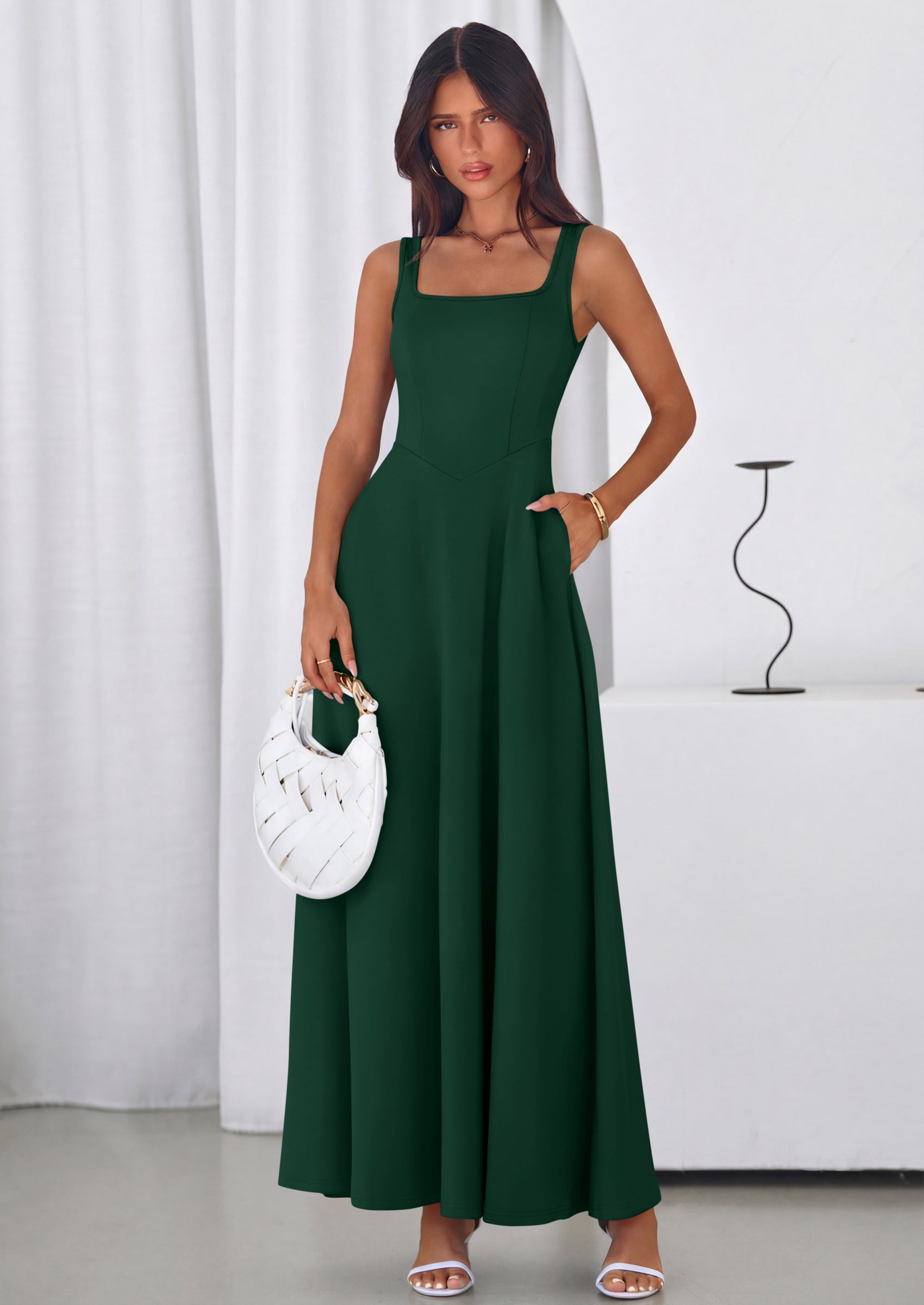 PRETTYGARDEN Womens Summer Dresses Sleeveless Elegant Square Neck Aline Swing Maxi Beach Wedding Guest Dress Pockets